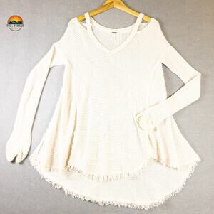 Free People Pullover Sweater Top Cream Moonshine V-Neck Cold Shoulder Women's S